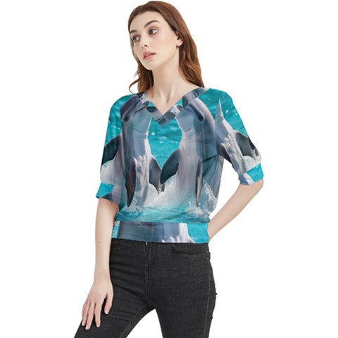 Dolphins Sea Ocean Quarter Sleeve Blouse by Cemarart