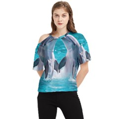 Dolphins Sea Ocean One Shoulder Cut Out T-shirt by Cemarart