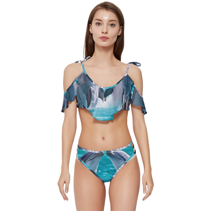 Dolphins Sea Ocean Ruffle Edge Tie Up Bikini Set	