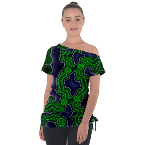 Authentic Aboriginal Art - After The Rain Off Shoulder Tie-up T-shirt by hogartharts