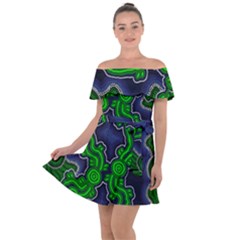 Authentic Aboriginal Art - After The Rain Off Shoulder Velour Dress by hogartharts