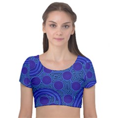 Authentic Aboriginal Art - Rivers Around Us Velvet Short Sleeve Crop Top  by hogartharts