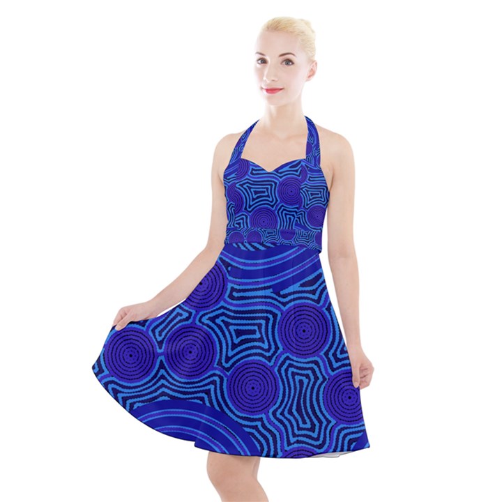 Authentic Aboriginal Art - Rivers Around Us Halter Party Swing Dress 