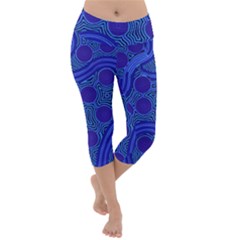 Authentic Aboriginal Art - Rivers Around Us Lightweight Velour Capri Yoga Leggings by hogartharts