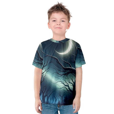 Moon Moonlit Forest Fantasy Midnight Kids  Cotton T-shirt by Cemarart