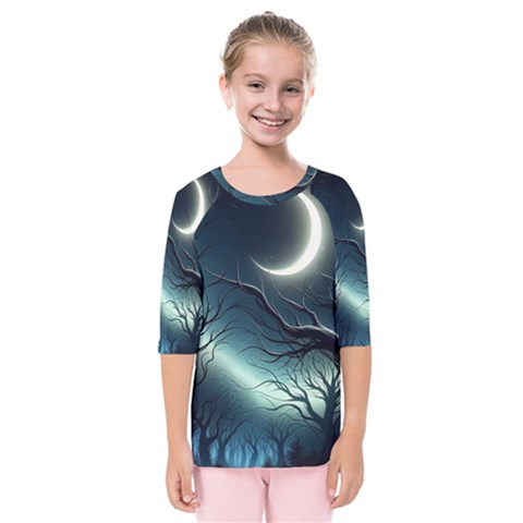 Moon Moonlit Forest Fantasy Midnight Kids  Quarter Sleeve Raglan T-shirt by Cemarart