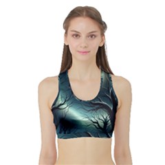 Moon Moonlit Forest Fantasy Midnight Sports Bra With Border by Cemarart