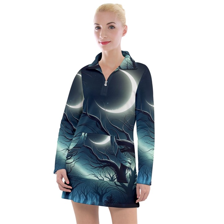 Moon Moonlit Forest Fantasy Midnight Women s Long Sleeve Casual Dress