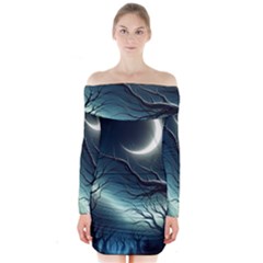 Moon Moonlit Forest Fantasy Midnight Long Sleeve Off Shoulder Dress by Cemarart