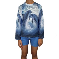 Dolphins Sea Ocean Water Kids  Long Sleeve Swimwear by Cemarart