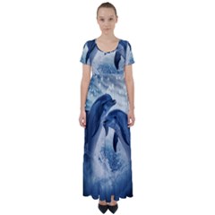 Dolphins Sea Ocean Water High Waist Short Sleeve Maxi Dress by Cemarart