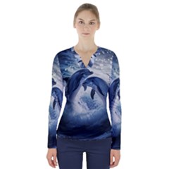 Dolphins Sea Ocean Water V-neck Long Sleeve Top by Cemarart