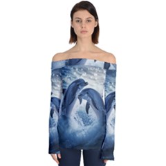 Dolphins Sea Ocean Water Off Shoulder Long Sleeve Top by Cemarart