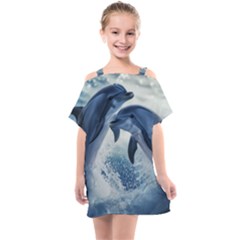 Dolphins Sea Ocean Water Kids  One Piece Chiffon Dress by Cemarart