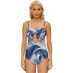 Dolphins Sea Ocean Water Knot Front One-piece Swimsuit by Cemarart