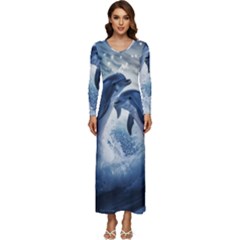 Dolphins Sea Ocean Water Long Sleeve Longline Maxi Dress by Cemarart