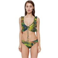 Countryside Landscape Nature Low Cut Ruffle Edge Bikini Set by Cemarart