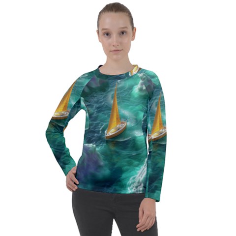 Seascape Boat Sailing Women s Long Sleeve Raglan T-shirt by Cemarart