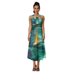 Seascape Boat Sailing Sleeveless Cross Front Cocktail Midi Chiffon Dress by Cemarart