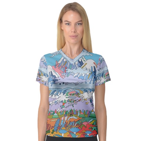 Art Psychedelic Mountain V-neck Sport Mesh T-shirt by Cemarart