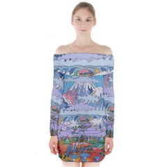 Art Psychedelic Mountain Long Sleeve Off Shoulder Dress by Cemarart