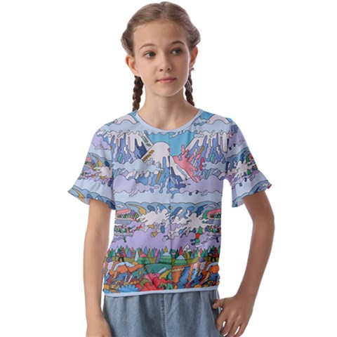 Art Psychedelic Mountain Kids  Cuff Sleeve Scrunch Bottom T-shirt by Cemarart