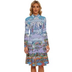 Art Psychedelic Mountain Long Sleeve Shirt Collar A-line Dress by Cemarart