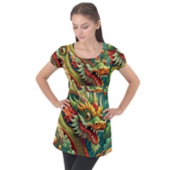 Chinese New Year – Year Of The Dragon Puff Sleeve Tunic Top by Valentinaart