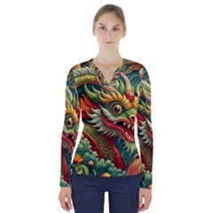 Chinese New Year – Year Of The Dragon V-neck Long Sleeve Top by Valentinaart