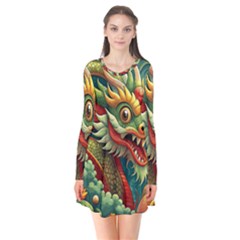 Chinese New Year – Year Of The Dragon Long Sleeve V-neck Flare Dress by Valentinaart