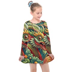 Chinese New Year – Year Of The Dragon Kids  Long Sleeve Dress by Valentinaart