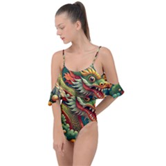 Chinese New Year – Year Of The Dragon Drape Piece Swimsuit by Valentinaart