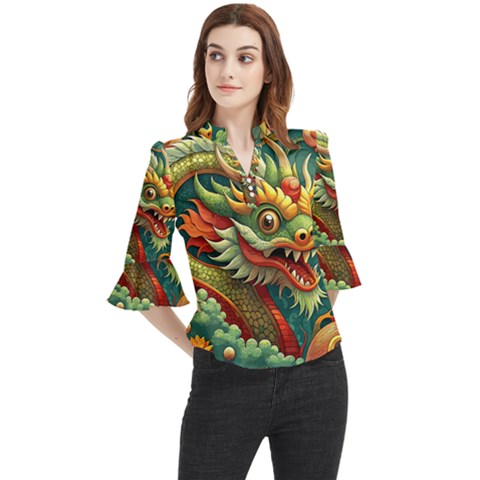 Chinese New Year – Year Of The Dragon Loose Horn Sleeve Chiffon Blouse by Valentinaart