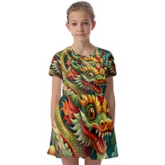 Chinese New Year – Year Of The Dragon Kids  Short Sleeve Pinafore Style Dress by Valentinaart