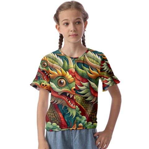 Chinese New Year – Year Of The Dragon Kids  Cuff Sleeve Scrunch Bottom T-shirt by Valentinaart