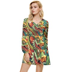 Chinese New Year – Year Of The Dragon Tiered Long Sleeve Mini Dress by Valentinaart