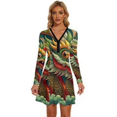 Chinese New Year – Year Of The Dragon Long Sleeve Deep V Mini Dress  by Valentinaart