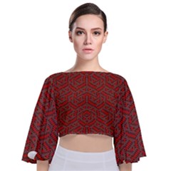 Hexagon Motif Geometric Tribal Style Pattern Tie Back Butterfly Sleeve Chiffon Top