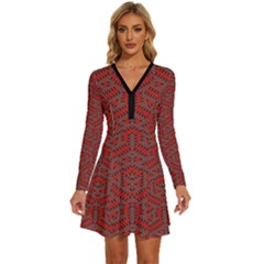 Hexagon Motif Geometric Tribal Style Pattern Long Sleeve Deep V Mini Dress  by dflcprintsclothing