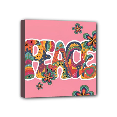 Flower Power Hippie Boho Love Peace Text Pink Pop Art Spirit Mini Canvas 4  X 4  (stretched) by Grandong