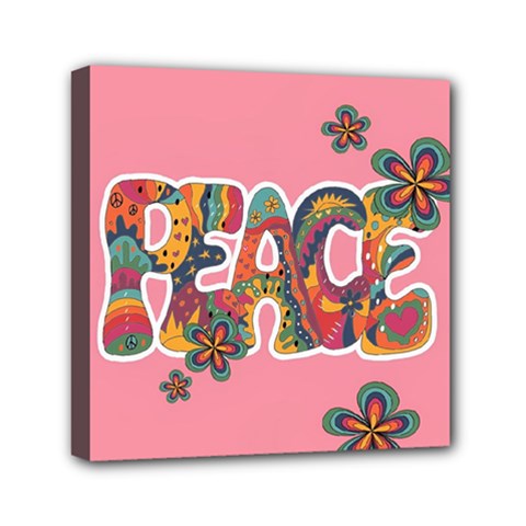 Flower Power Hippie Boho Love Peace Text Pink Pop Art Spirit Mini Canvas 6  X 6  (stretched) by Grandong