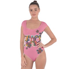 Flower Power Hippie Boho Love Peace Text Pink Pop Art Spirit Short Sleeve Leotard  by Grandong