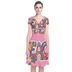 Flower Power Hippie Boho Love Peace Text Pink Pop Art Spirit Short Sleeve Front Wrap Dress by Grandong