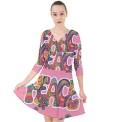 Flower Power Hippie Boho Love Peace Text Pink Pop Art Spirit Quarter Sleeve Front Wrap Dress by Grandong