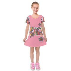 Flower Power Hippie Boho Love Peace Text Pink Pop Art Spirit Kids  Short Sleeve Velvet Dress by Grandong