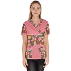 Flower Power Hippie Boho Love Peace Text Pink Pop Art Spirit Women s V-neck Scrub Top by Grandong