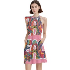 Flower Power Hippie Boho Love Peace Text Pink Pop Art Spirit Cocktail Party Halter Sleeveless Dress With Pockets by Grandong