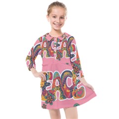 Flower Power Hippie Boho Love Peace Text Pink Pop Art Spirit Kids  Quarter Sleeve Shirt Dress by Grandong