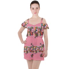 Flower Power Hippie Boho Love Peace Text Pink Pop Art Spirit Ruffle Cut Out Chiffon Playsuit by Grandong