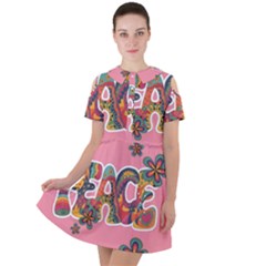 Flower Power Hippie Boho Love Peace Text Pink Pop Art Spirit Short Sleeve Shoulder Cut Out Dress  by Grandong